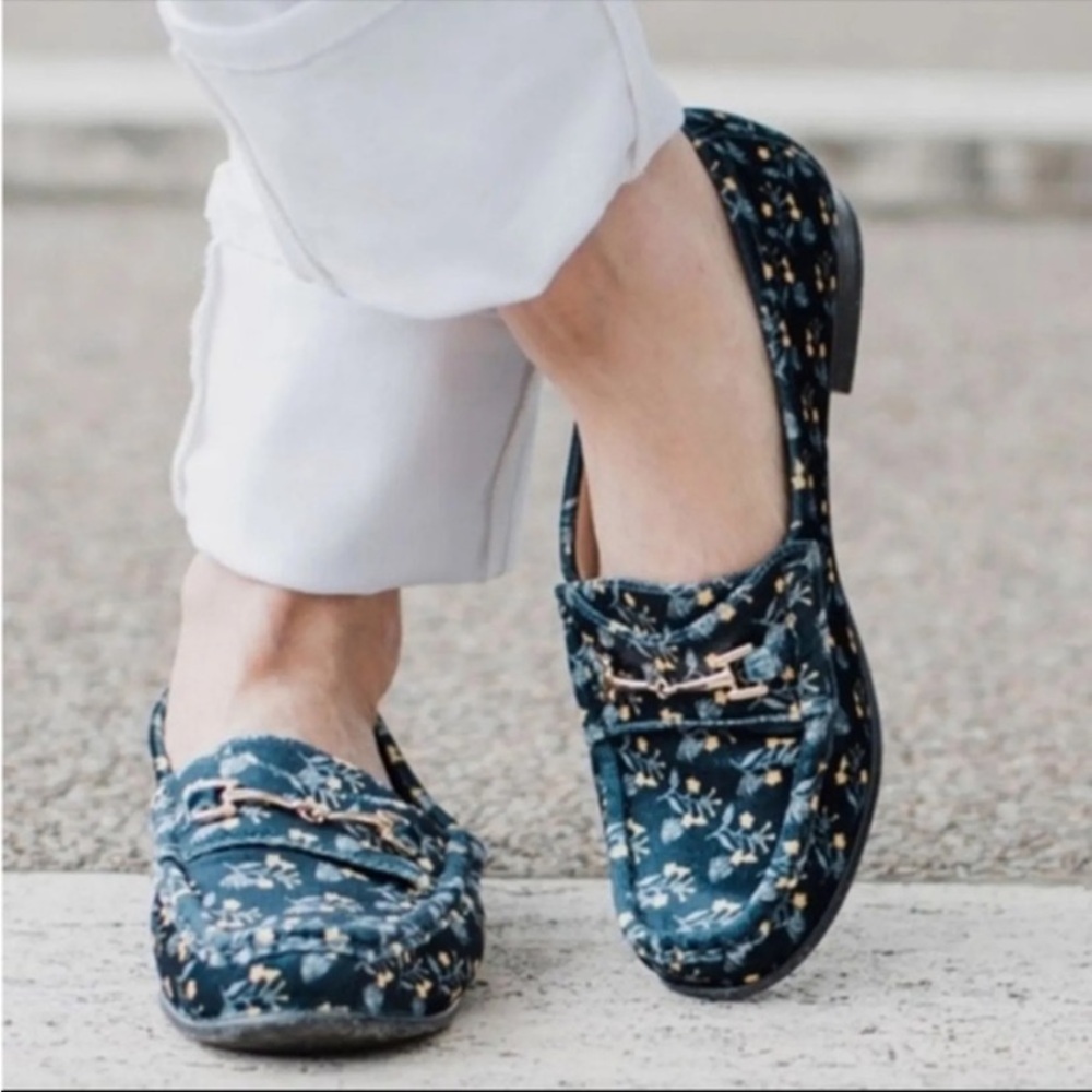 CAbi Carnaby Floral Velvet Horsebit Blue and Yellow Loafer